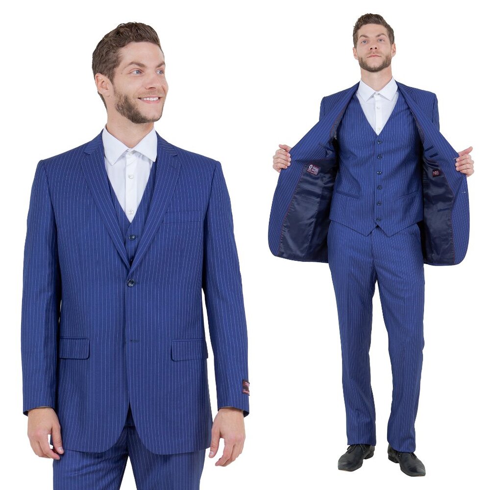 Classic Fit Pinstriped Men's 3-Piece Suit by Demantie, Blue